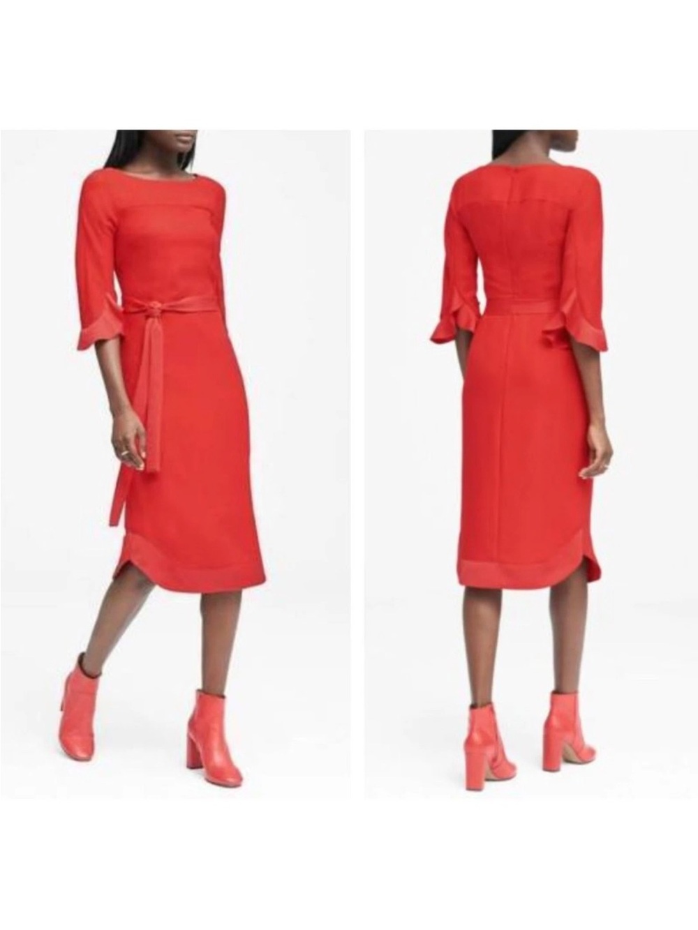 Banana Republic Flounce Sleeve Tie-Waist Dress Cayenne Sz 4P Petite Holiday Red